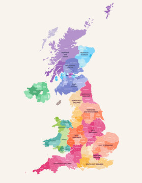 United Kingdom administrative districts high detailed vector map colored by regions with editable and labelled layers