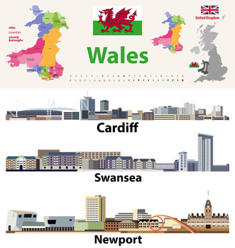 Wales cities, countries and country boroughs map and Welsh largest cities skylines icons. Vector set