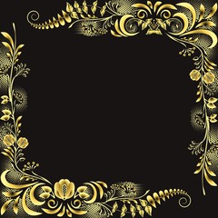 Luxury gold with black frame in boho style. Floral corner golden elements on black background.