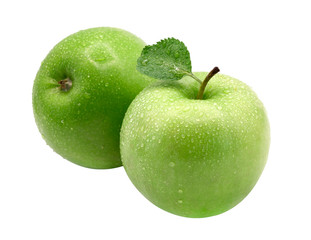 Two green apples isolated on white background. With water drops.