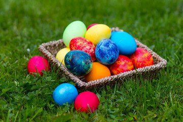 Happy Easter, colorful eggs in a basket
