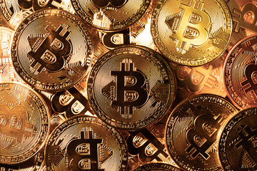 Fototapeta na wymiar top view pile of many Gold Bitcoin coins