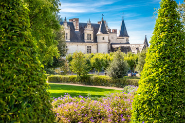 Chateau Amboise framed by trees of beautiful renaissance garden. Loire Valley, France.