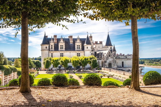 Chateau Amboise framed by trees of beautiful renaissance garden. Loire Valley, France.