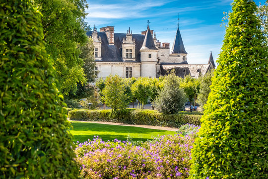 Chateau Amboise framed by trees of beautiful renaissance garden. Loire Valley, France.