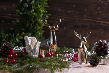 Christmas decoration on wooden background. New year concept