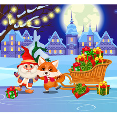 Funny fox and animated gnome on the ice rink tonight. Sports entertainment winter playground in the village. Sample of Christmas poster, party invitation and other cards. Vector cartoon close-up.