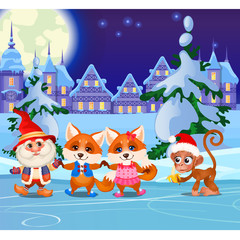 Funny animals and animated gnome on the ice rink tonight. Sports entertainment winter playground in the village. Sample of Christmas poster, party invitation and other cards. Vector cartoon close-up.