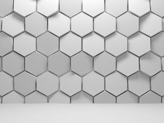 Fototapeta premium Hexagons installation on front wall, 3d art