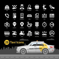 Vector taxi cab car service icon set with sedan mockup on a black background. Motor transport, driver, passenger, map, location, customer, route and more flat silhouette symbol.