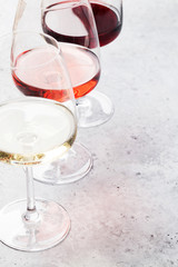 Red, rose and white wine glasses