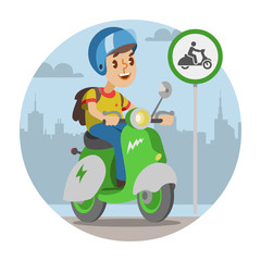 Vector isolated illustration of electric scooter wirh rider. Color motorcycle on city background and motorbike icon.