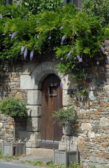 Ville de Genêts, vieille porte en bois, mur en granit, une glycine recouvre le mur, département de la Manche, France