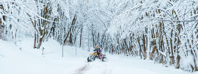 two persons ride quad bike in snowed forest © phpetrunina14