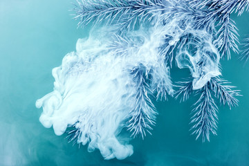 water color white background acrylic inside smoke steam frost snow branch needles christmas tree winter blue frozen watercolor turquoise sea ocean vortex depth