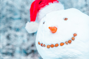 snowman with santa hat close up