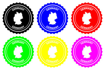 Germany - rubber stamp - vector, Deutschland map pattern - sticker - black, green, yellow, purple, blue and red