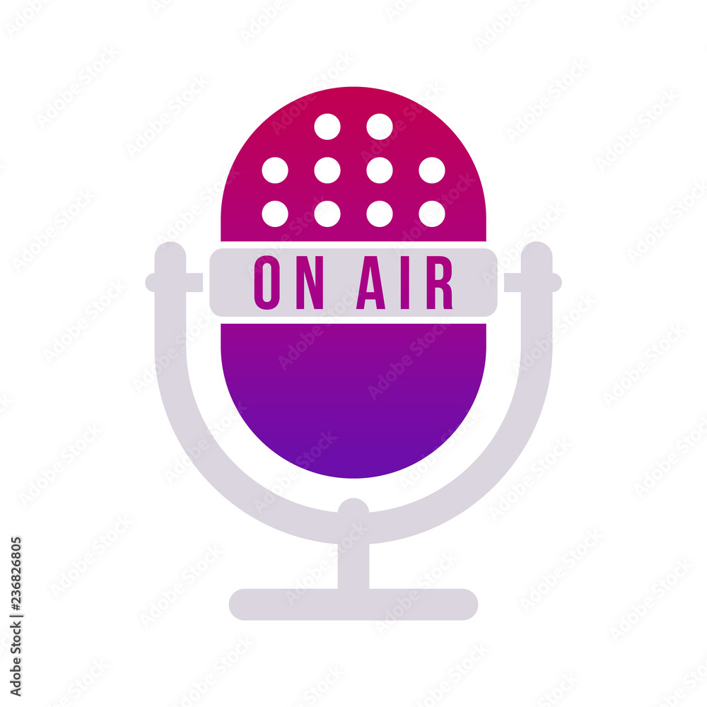 Poster gradient violet studio table microphone with text on air. vector radio mic icon.