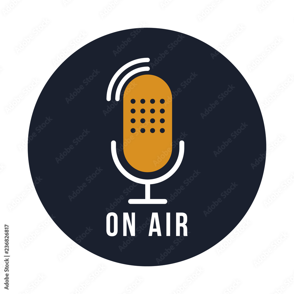 Aufkleber studio table microphone with text on air. webcast audio record design. radio mic icon. vector illust