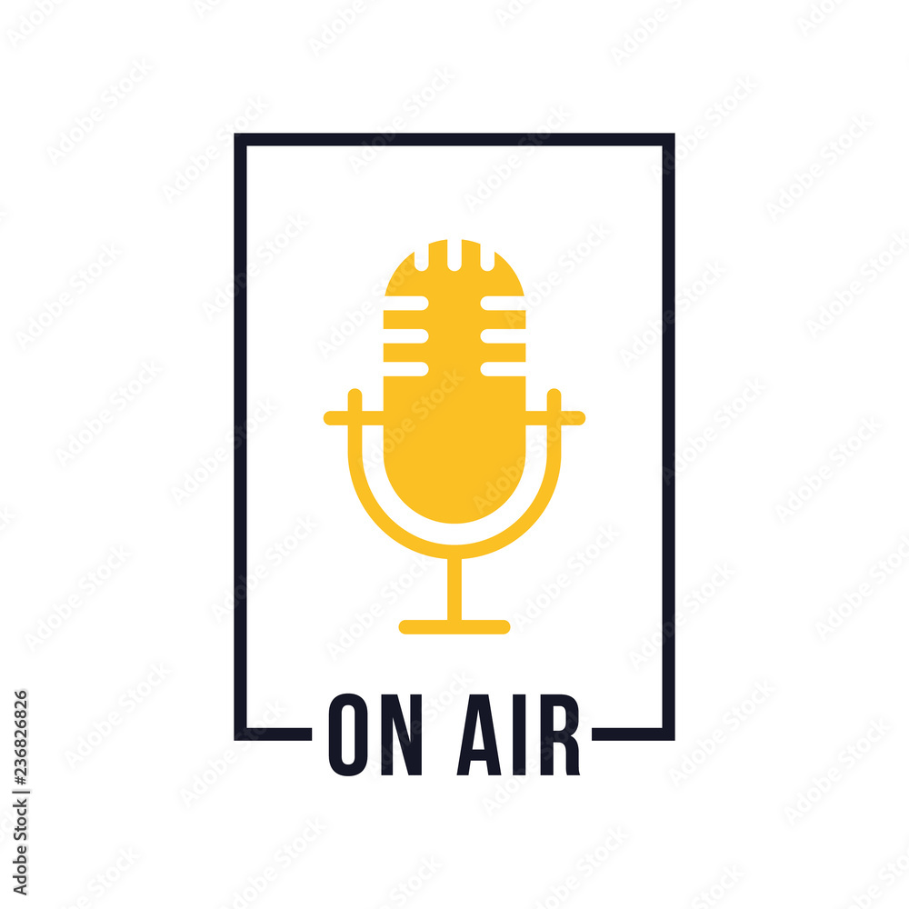 Aufkleber studio table microphone with text on air. webcast audio record emblem. radio mic icon. vector illust