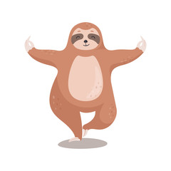 Obraz premium Cute cartoon Sloth standing in yoga pose. Sloth bear isoleted on white background. Vector illustration.