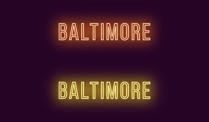 Neon name of Baltimore city in USA. Vector text