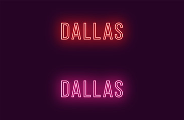Neon name of Dallas city in USA. Vector text