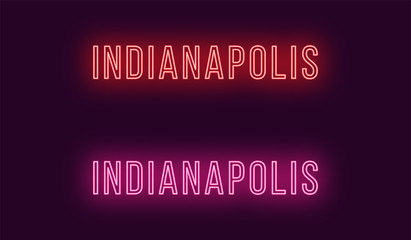 Neon name of Indianapolis city in USA. Vector text