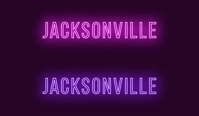 Neon name of Jacksonville city in USA. Vector text