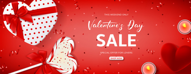 Valentine's Day sale web banner. Vector illustration with gift box, lollipop, ring box, red serpentine and confetti on red background. Promo seasonal offer.