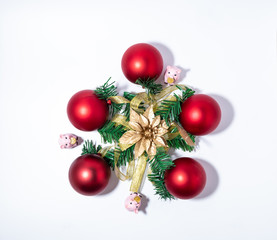 Christmas-tree decorations on a white background close-up