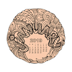 New year calendar grid with lettering January in zentangle inspired style. Christmas mandala. Zen monochrome graphic.