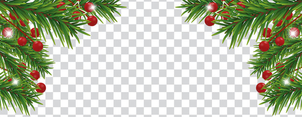 Christmas and happy New Year banner with Christmas tree branches and holly berries on transparent background. Holidays decoration. Vector illustration.