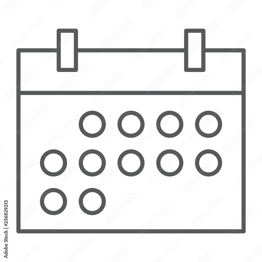 Poster calendar thin line icon, date and time, reminder sign, vector graphics, a linear pattern on a white 