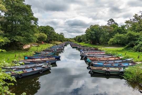 Anchored barges on Ross Island in the southwest of Ireland.