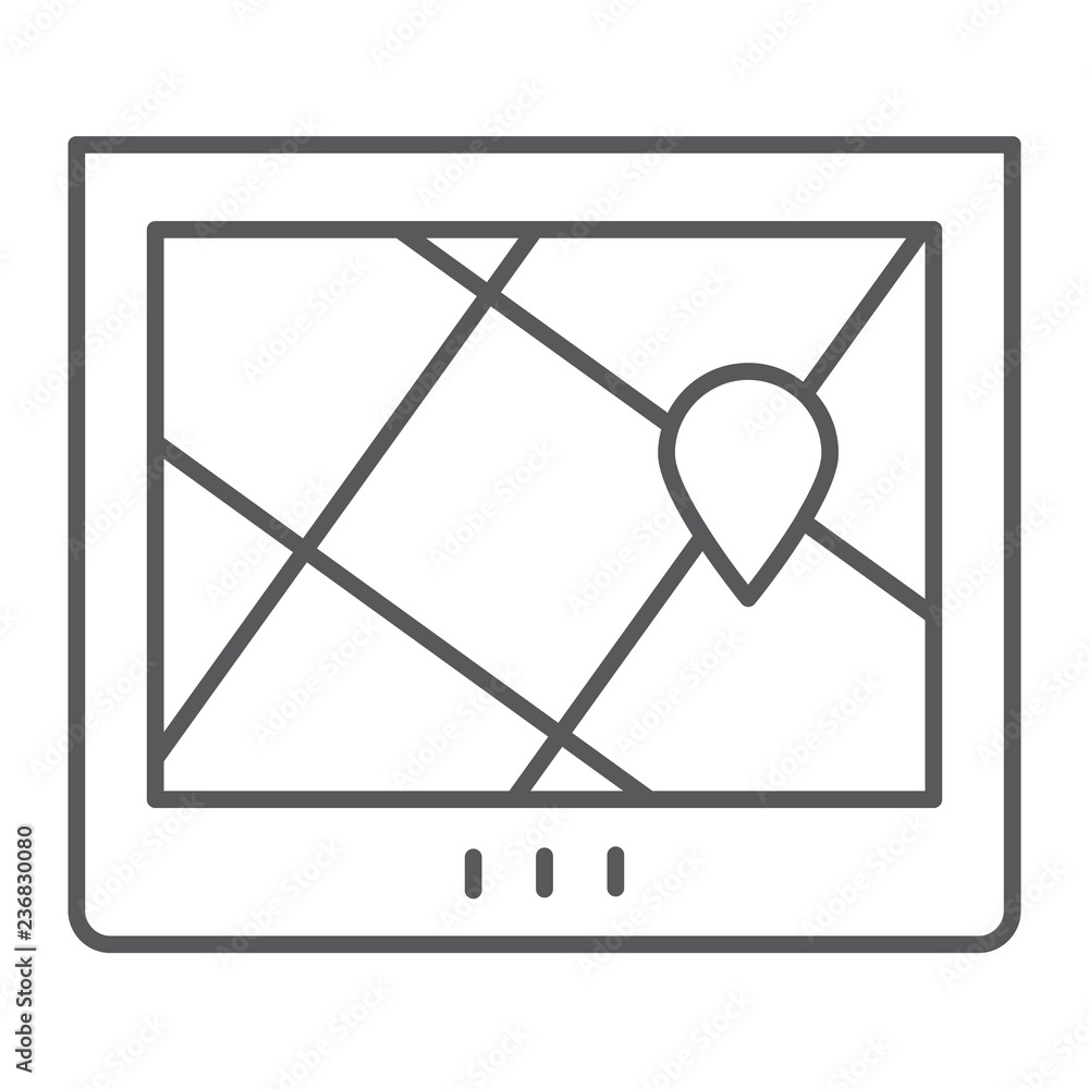 Poster navigation thin line icon, location and map, gps sign, vector graphics, a linear pattern on a white 