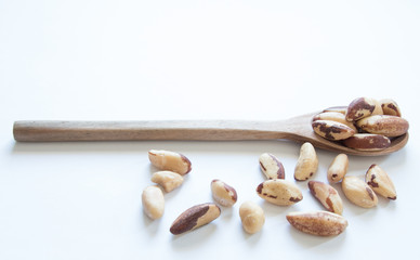 Brazil nuts in wooden spoon. White background