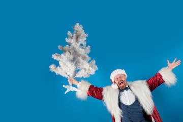 Christmas tree. Comic grimace. Positive human emotions facial expressions. Euphoria. Santa Claus...