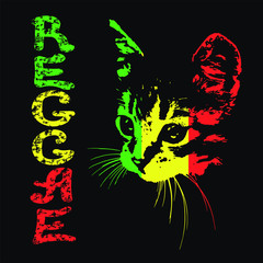 Silhouette of a cat on a black background. Reggae. Vector illustration