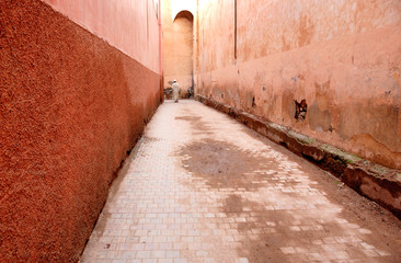 Man in djellaba walking in a orange brown street