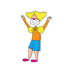 Funny clown in beautiful color clothes. Cute clown fun and entertains the audience.
