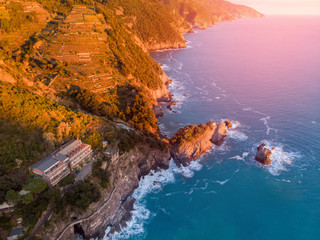 Aerial photo drone town of Portovenere near Cinque Terre, Liguria, Italy.