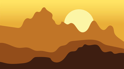 Landscape with hills, mountains and sun. Scenery vector illustration.