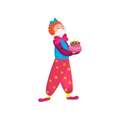 Funny clown in beautiful color clothes. Cute clown fun and entertains the audience.