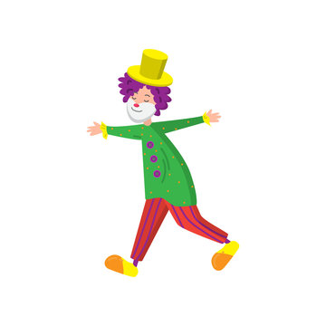 Funny clown in beautiful color clothes. Cute clown fun and entertains the audience.