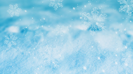 Snow texture background, christmas blue background, stars, snowflakes