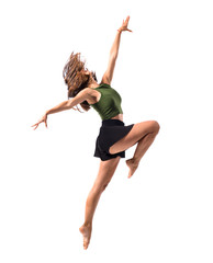 Fototapeta premium Young girl dancing and jumping in studio on isolated background