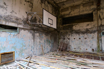 Sports Hall of swimming pool Azure in dead ghost town of Pripyat in Chernobyl alienation zone, Ukraine
