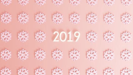 New year or Christmas 3d background with 2019 and snowflakes on pink backgound. Minimalist Christmas concept.