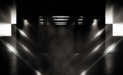 Background of empty dark brick wall, concrete floor, neon light, laser beams, smoke, fog, night. Parking, elevator, stairs